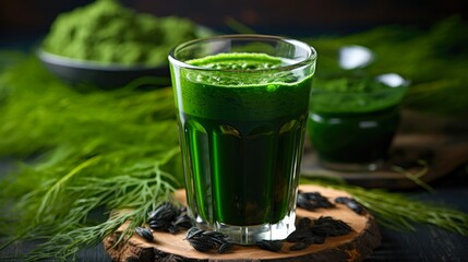 Wall Mural - Spirulina Health Drink. Glass of Nutritious Spirulina Juice with Algae and Seaweed - Perfect Supplement for Vegetarians and Energy Boosters