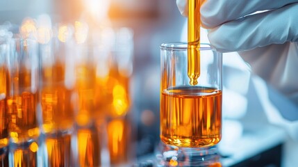 Poster - Amber Liquid Being Poured Into Laboratory Flask Apparatus For Scientific Research And Experiment
