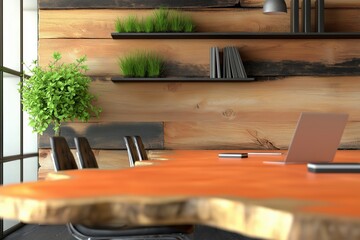 Wall Mural - Modern Workspace with Wooden Wall, Orange Table, Green Plants, and Minimalist Design Elements