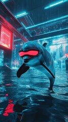 Canvas Print - Futuristic Dolphin Wearing Red Goggles in Neon Cityscape