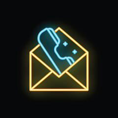 Poster - Neon icon of a phone inside an open envelope on a black background