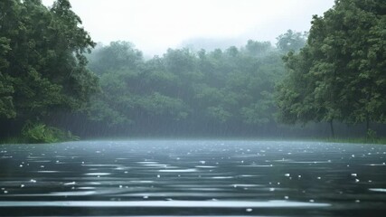 Poster - Heavy rain cascading onto a tranquil lake surrounded by a lush green forest, creating mesmerizing ripples and sparkling droplets across the water's surface