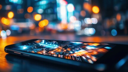 Poster - Smartphone Screen Reflecting Vibrant Cityscape Lights at Night