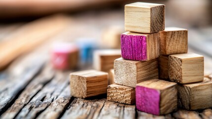 Poster - a pile of assorted wooden blocks stacked together in a disorganized manner on a light background