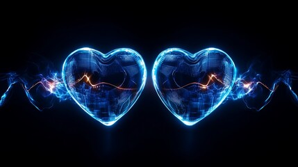Poster - Two glowing heart shapes with a blue electric current on a black background concept
