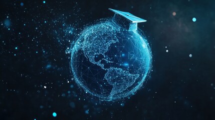 Poster - Airplane flying over the planet earth with a digital network of dots representing connectivity