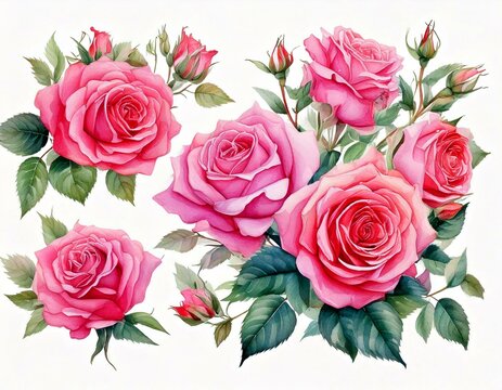 watercolor pink rose flower bouquet set for valentines day
