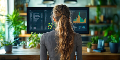 Poster - professional woman analyzing data on dual screens in modern home office with green plants