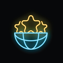 Poster - Neon sign of three stars appearing over the top of a glowing globe against a dark background