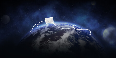 Wall Mural - envelope with letter flying over globe in space. flight path from one point to another. internationa