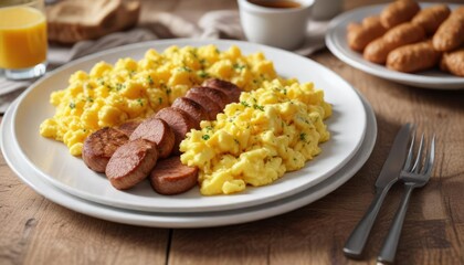 Wall Mural - A plate of fried breakfast sausage and scrambled eggs , sizzling, breakfast sausage, morning