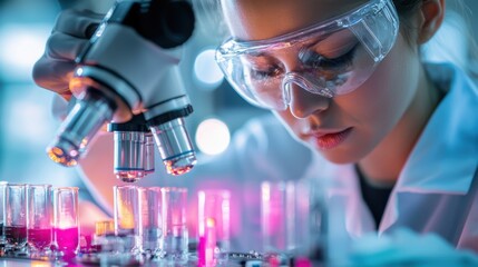 Poster - Young Female Scientist Examining Liquid Sample Under Microscope in Laboratory