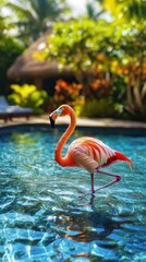 Sticker - Flamingo by Poolside Tropical Paradise Scene