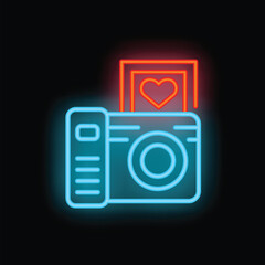 Poster - Neon camera icon displaying love photo symbol on black background