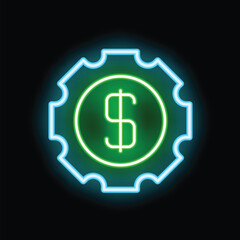 Poster - Bright green neon dollar sign glowing inside a blue neon cogwheel, representing the concept of money making