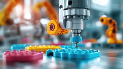 Poster - Modern Robotic Arm Assembling Colored Building Blocks in High Tech Factory