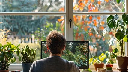 Aufkleber - A person sits at a wooden desk, focused on their computer screen. Various potted plants adorn the workspace, while colorful autumn leaves frame the view outside the window.