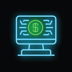 Poster - glowing neon sign of a computer monitor showing money icon isolated on a black background, vector il