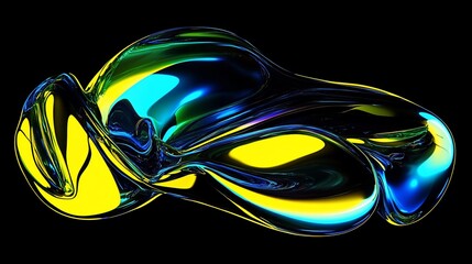 Poster - Abstract glossy 3D render with yellow, green, and blue reflections on black background