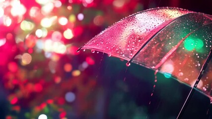Aufkleber - Transparent umbrella getting drenched in the rain, surrounded by vibrant city lights creating a beautiful bokeh effect. The cozy atmosphere evokes a romantic evening in the urban landscape