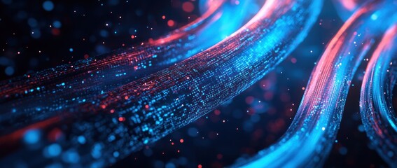 Digital data streams flow, glowing blue red, dark background, tech concept