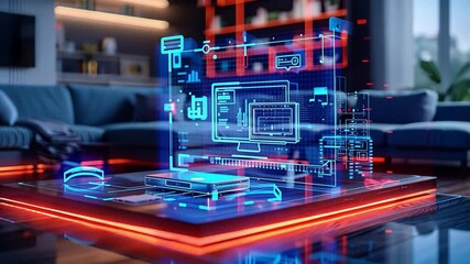 Leinwandbilder - A modern living room features a holographic display depicting various digital interfaces and data. The sleek design enhances the tech-savvy ambiance of the space.