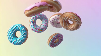 Aufkleber - Four delicious iced donuts with colorful sprinkles are tumbling through the air against a soft pastel gradient background, creating a vibrant and enticing visual feast