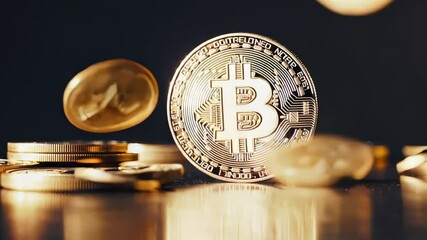 Poster - Gold bitcoin and cryptocurrency coins falling and spinning on a reflective surface with a dark background creating a dramatic and dynamic scene related to finance. Investment. And the digital economy