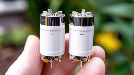 Two small electronic components held outdoors, green blurred background, for technology websites