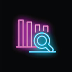 Poster - Neon magnifying glass analyzing a bar chart, representing market research and data analysis