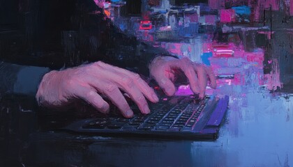 Poster - Abstract digital art of hands typing on a keyboard at night with city lights glowing in the background