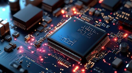 Poster - Close up of computer circuit board with blue background showing electronic components and connections