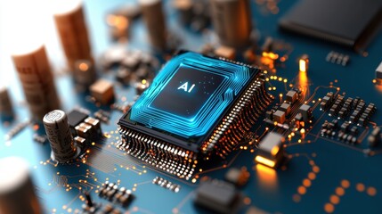 Poster - Close up view of a cpu chip mounted on a printed circuit board with electrical components