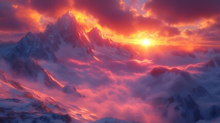 Wall Mural - Fiery sunset over snow-capped peaks, cloudscape, scenic wallpaper