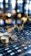 Poster - Coins are stacked alongside a rising graph, illustrating the upward trend in financial markets amid soft city lighting