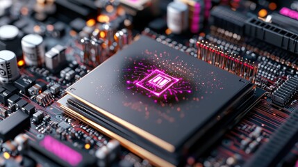 Poster - Computer processor with pink led light illuminating the top surface on a dark background