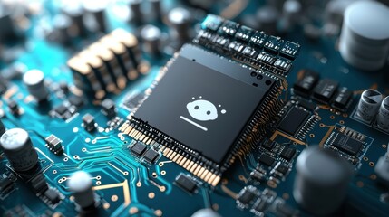 Poster - Computer chip installed on a printed circuit board with electrical connections and components visible