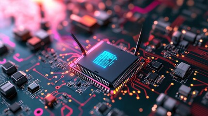 Poster - Close up of a computer chip placed on a detailed electronic circuit board assembly