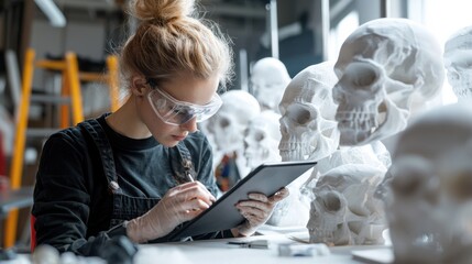 Poster - woman studying with digital tablet in front of anatomical skull models in workspace