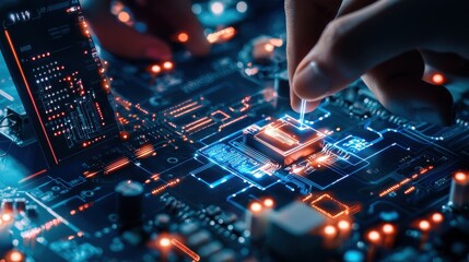 Poster - Glowing Neon Futuristic Circuit Board with Microchips and Interconnections
