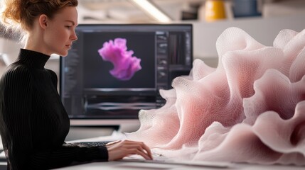 Poster - Young Woman Focused on Computer in Front of Pink Abstract Decor