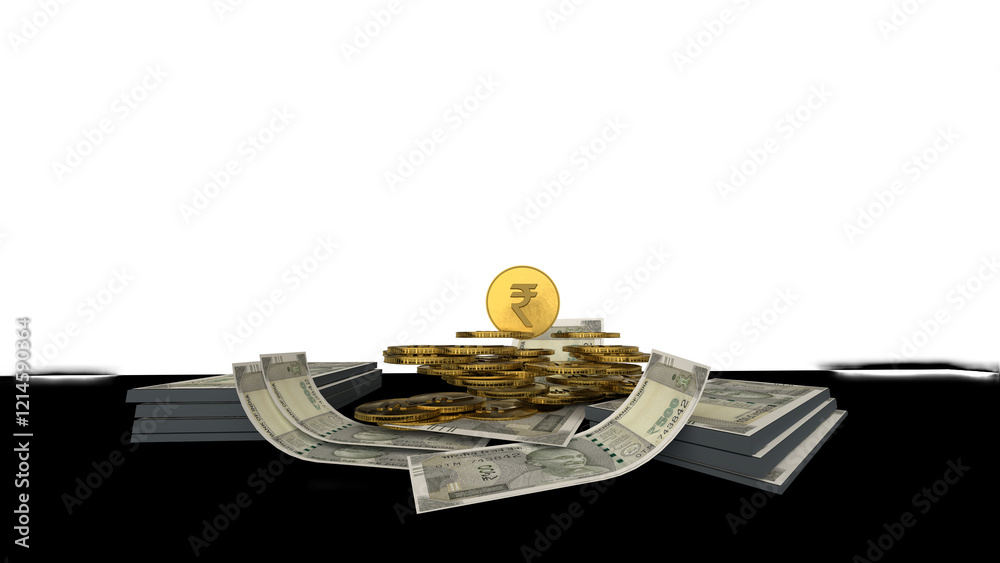 Golden Indian rupee sign and Indian currency coin isolated on 3d render ...