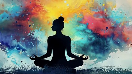 Poster - A person sits cross-legged in a meditative pose, surrounded by a burst of colorful abstract patterns that evoke tranquility and inner peace. The artwork symbolizes mindfulness and connection.