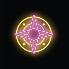 Poster - Neon sign in the shape of a compass rose is glowing on a black background