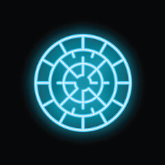 Poster - Blue neon sign of a round bank vault door is glowing on a black background