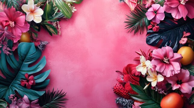 flowers and fruits on pink background with copy space for text