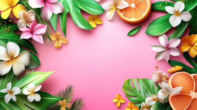 flowers and fruits on pink background with copy space for text