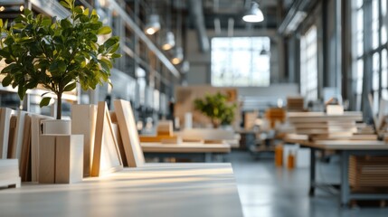 Poster - Modern Industrial Workspace with Wooden Furniture Plants and Laptop
