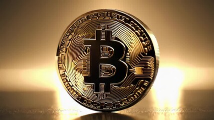 Poster - Golden bitcoin rotating on a reflective surface with warm background lighting, creating a dramatic and luxurious atmosphere, symbolizing the digital currency's potential and value