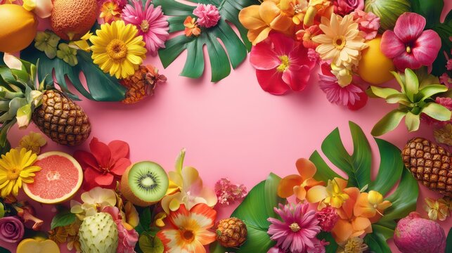 flowers and fruits on pink background with copy space for text